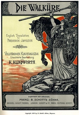 Опера Рихарда Вагнера «Валькирия». Brünnhilde at the rock, title page art from the 1899 Schott's vocal score.